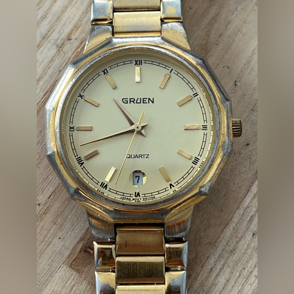 Gruen Vintage Men’s Watch Gold-Tone Dial Bracelet Hands Markers Date Window